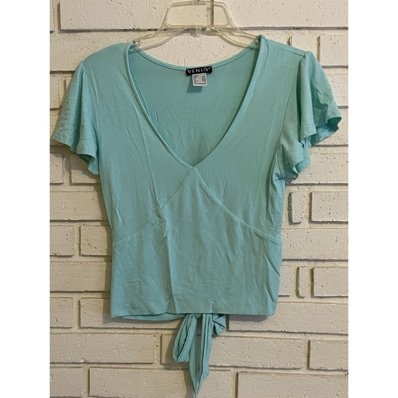 Venus Size M  Blue Blouse Short Sleeves Rayon Top Tie on Back Short Sleeved‎ - Picture 1 of 5